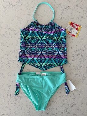Girls Aztec Print Tankini with Mint Bottoms